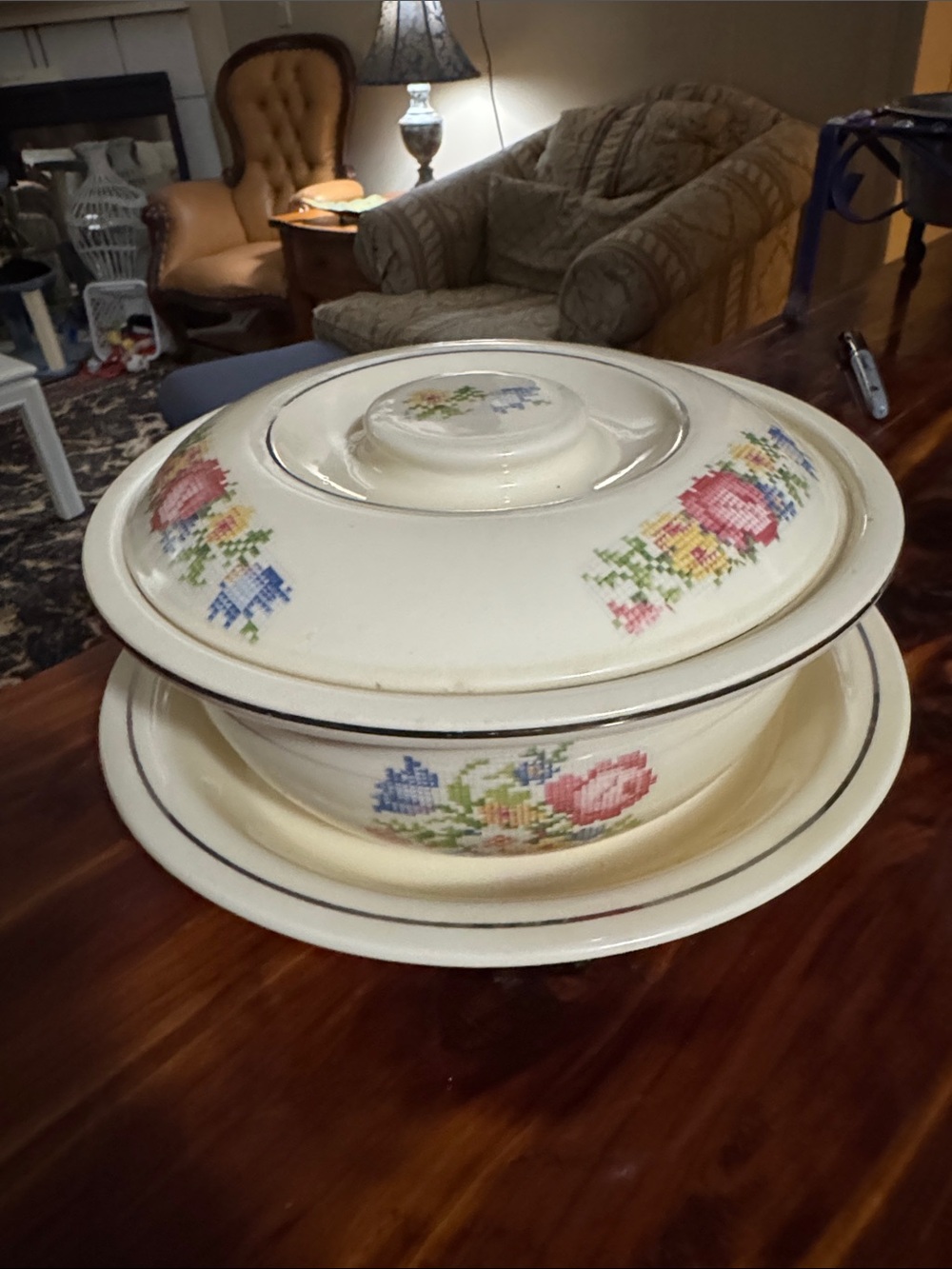 Vintage Floral Covered Serving Bowl - Cream with Pink & Blue Flowers